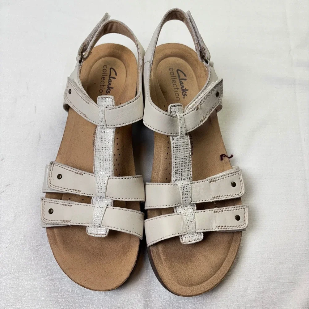 Clarks‎ Collection Womens 8.5 Off White Leather Strappy Sandals Ultimate Comfort